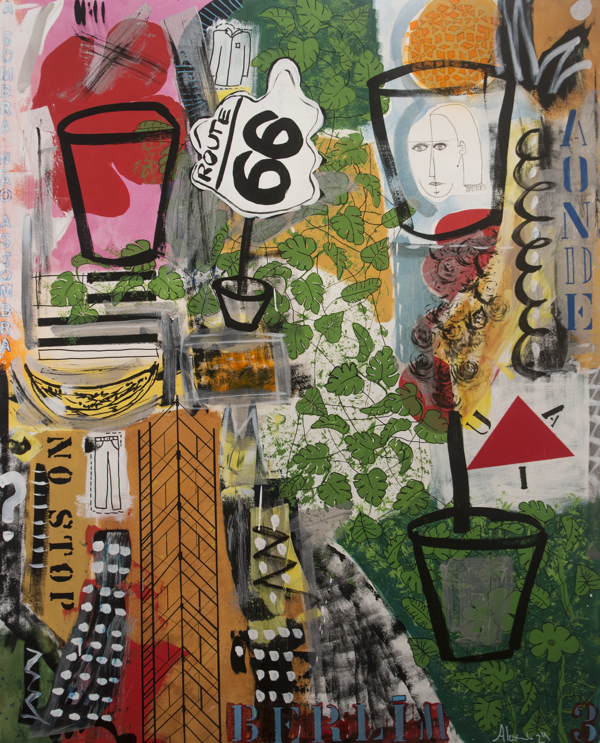 Layered vertical painting with architecture, vegetation, road signs, and collage fragments.