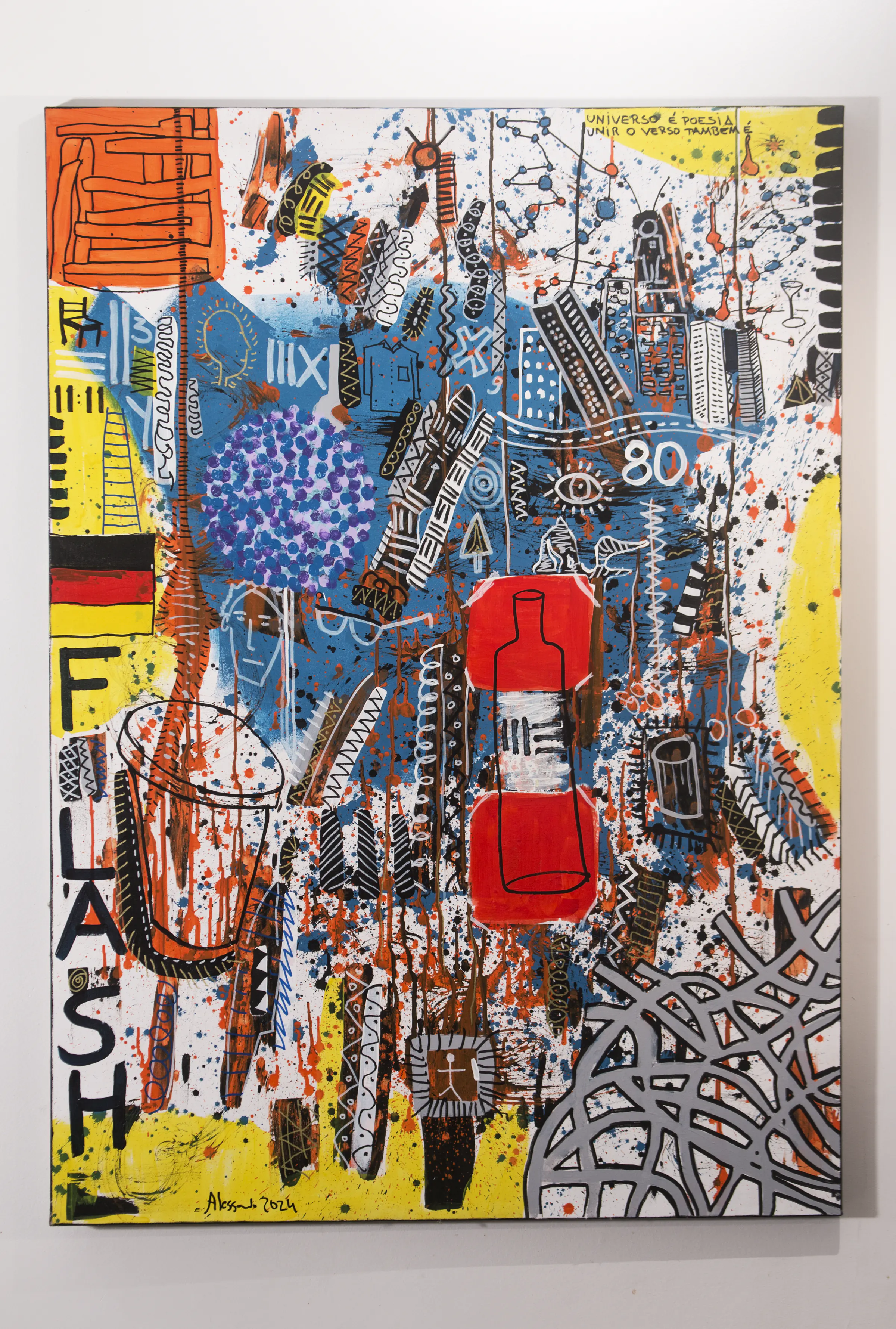 Vertical painting with city, bottle, map, and orange-blue splashes in a kaleidoscopic structure.