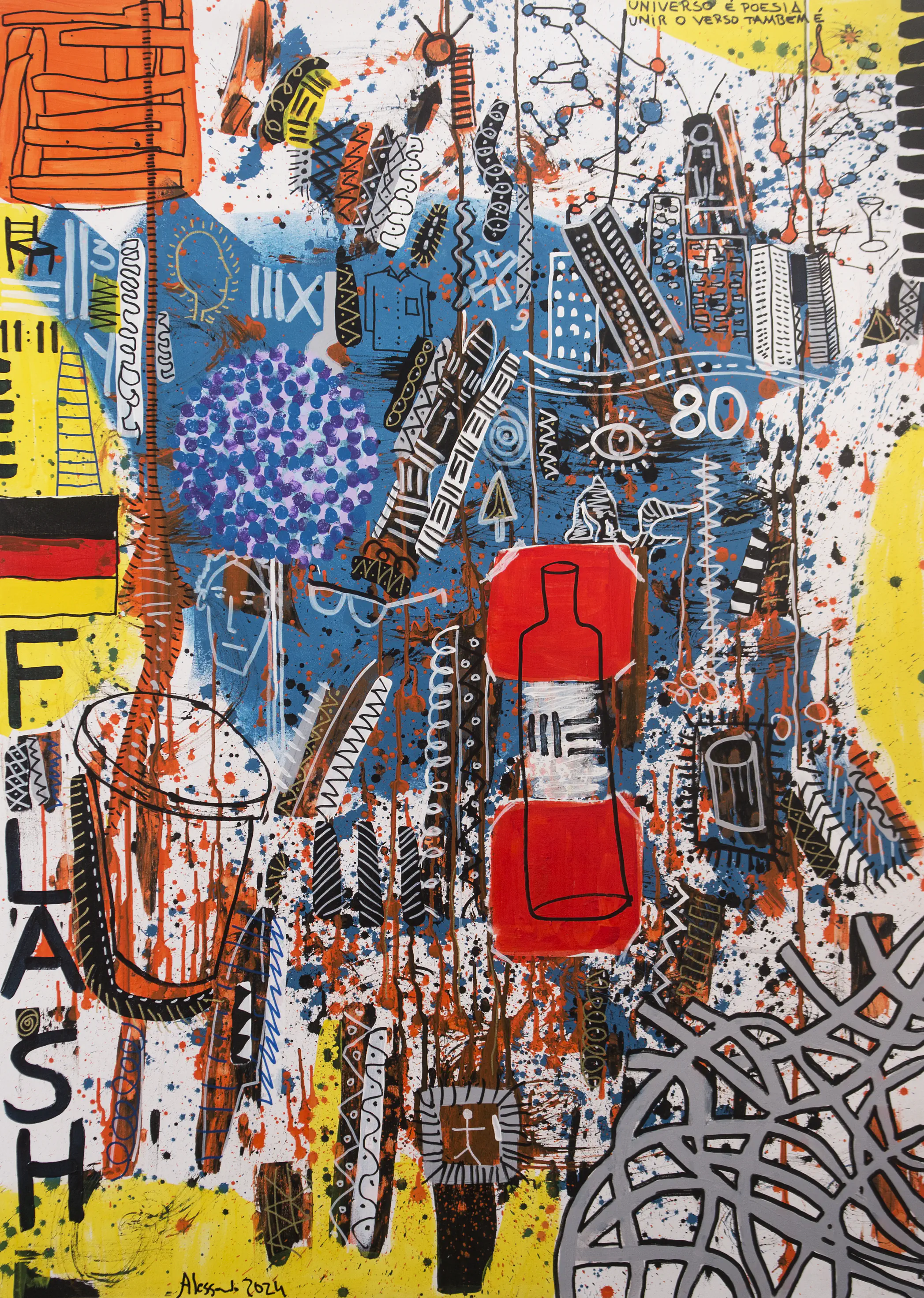 Vertical painting with city, bottle, map, and orange-blue splashes in a kaleidoscopic structure.