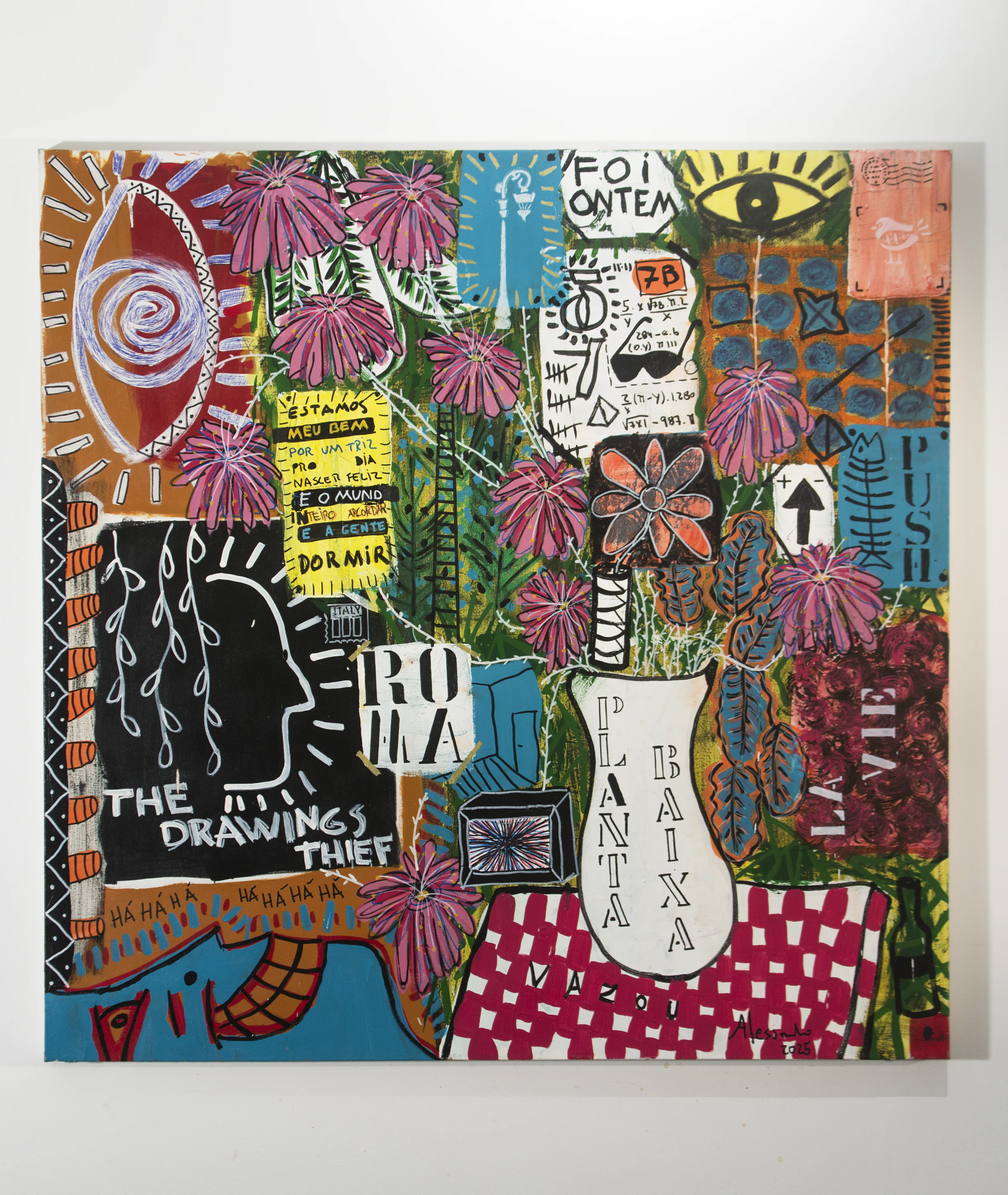 Square painting in pink, green, and white with flowers and a vessel organized as visual territory.