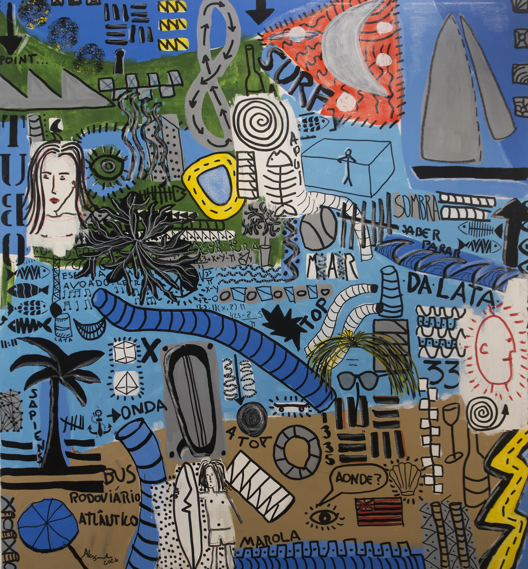 Blue-toned painting with references to sea, surf, and travel organized as a visual map.