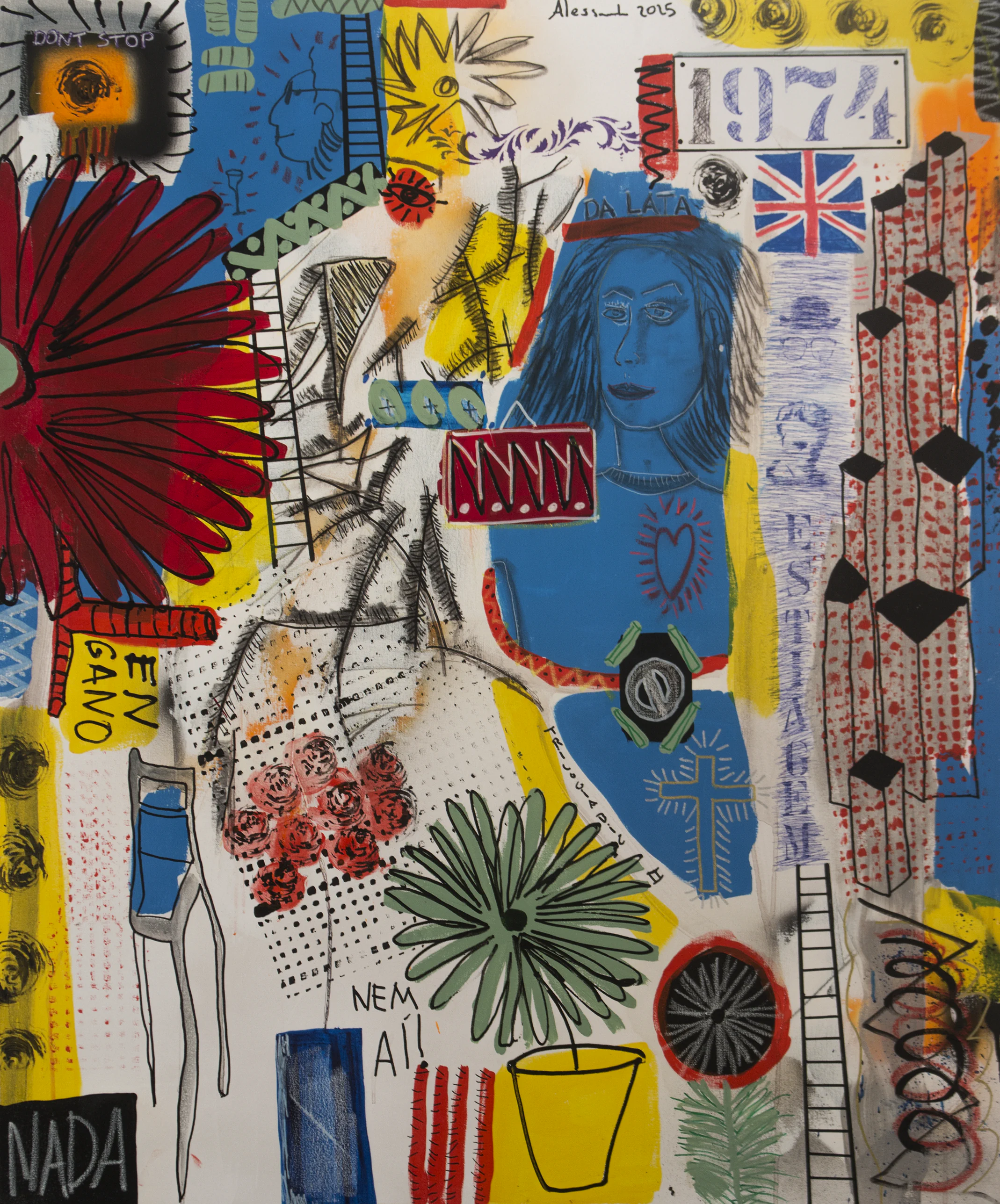 White, red, blue, and yellow painting built from inscriptions, arrows, and graphic forms.
