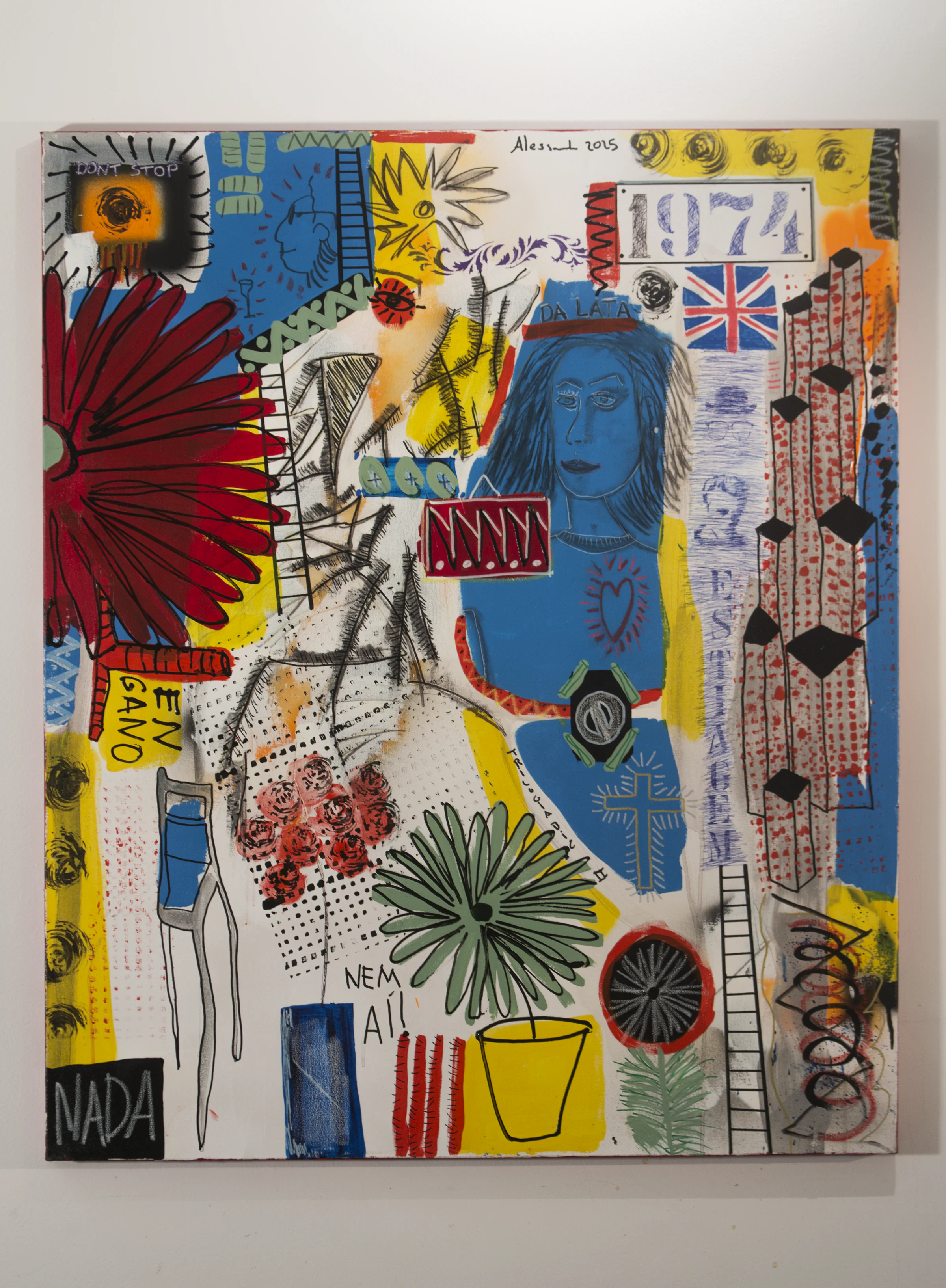 White, red, blue, and yellow painting built from inscriptions, arrows, and graphic forms.