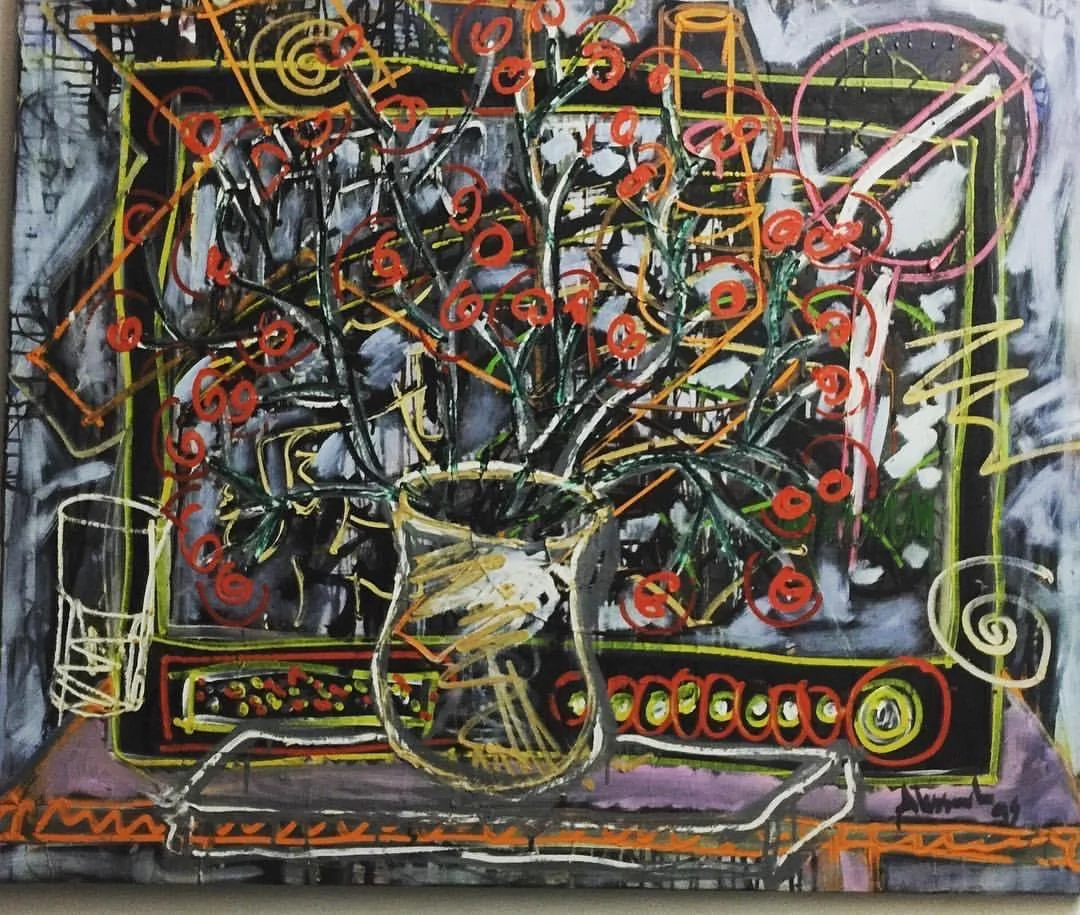 1990 work with gray and red fields and a vessel form suggested by gestural lines.