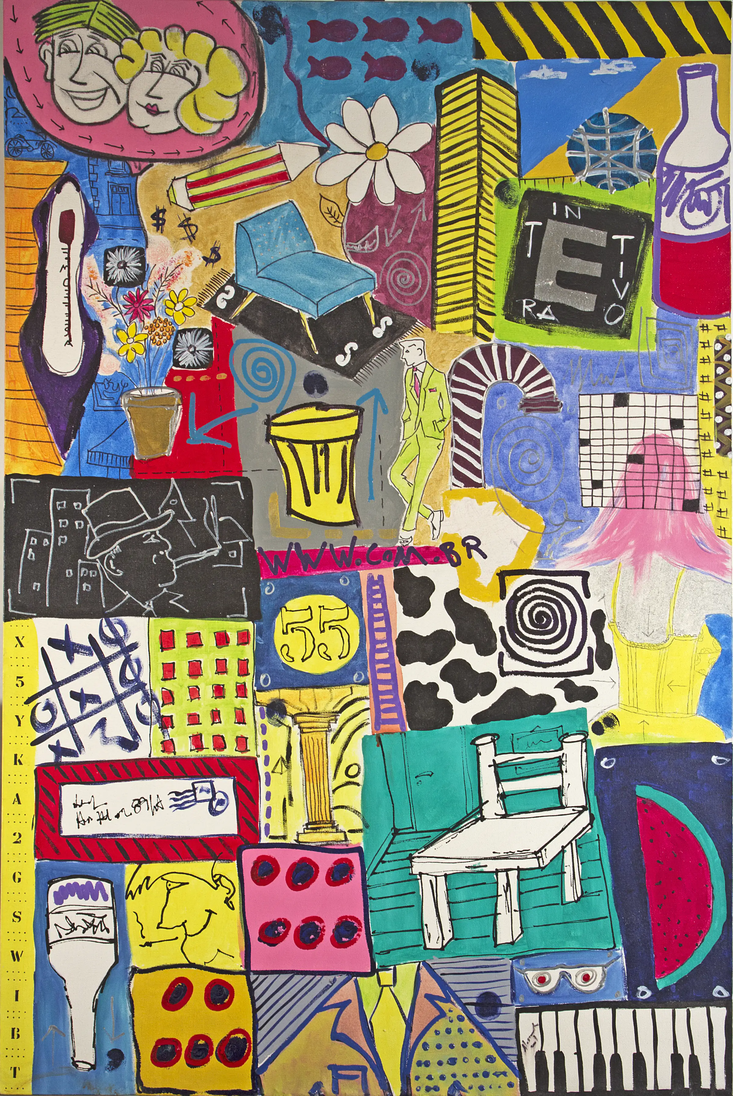 2001 work with pop icons, figures, and colored areas organized like a collage.