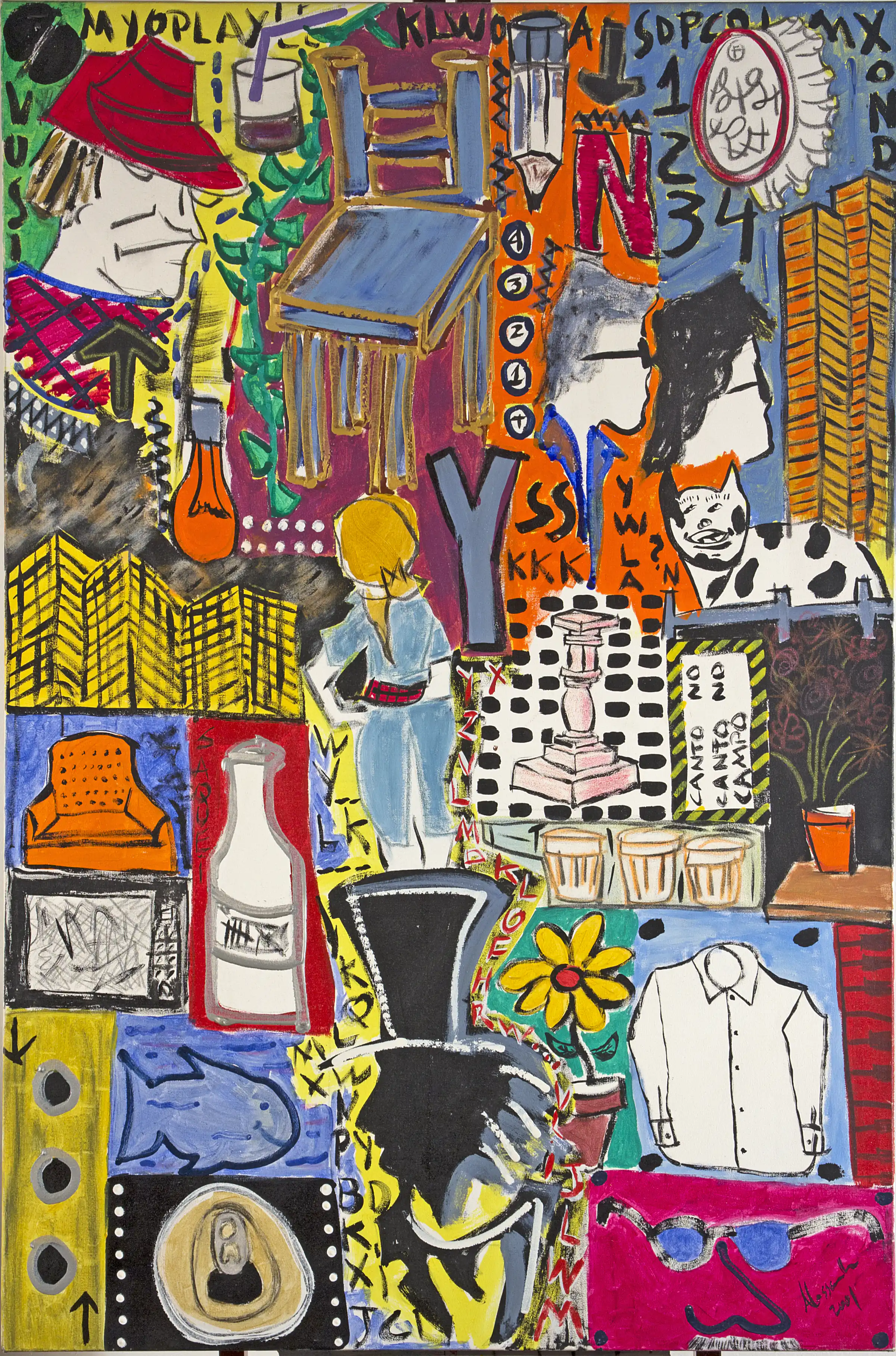 2001 pop-language work with a grid, objects, characters, and vivid colors.