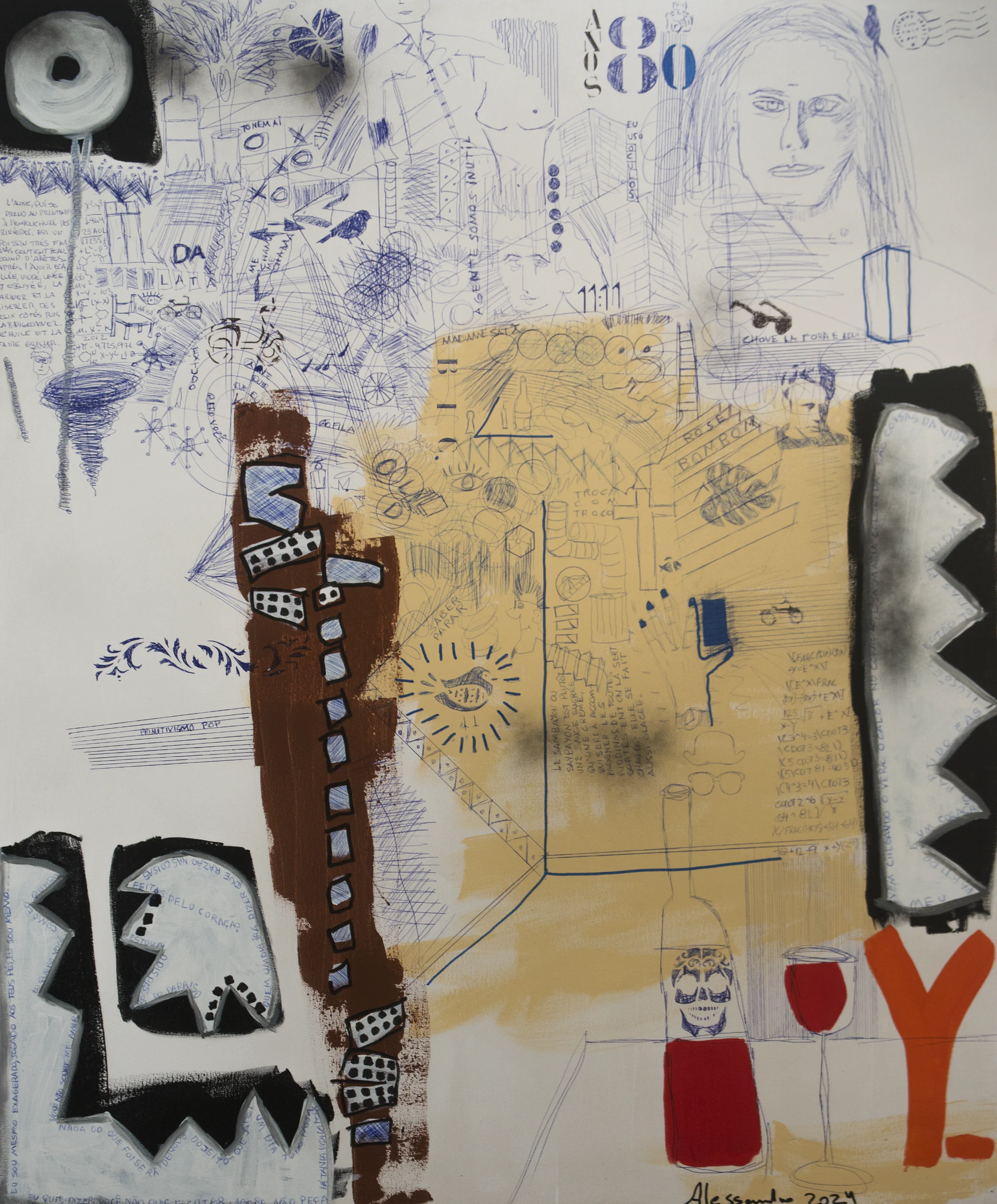 Vertical painting with writing, characters, and signs over a graphic structure of primary colors.