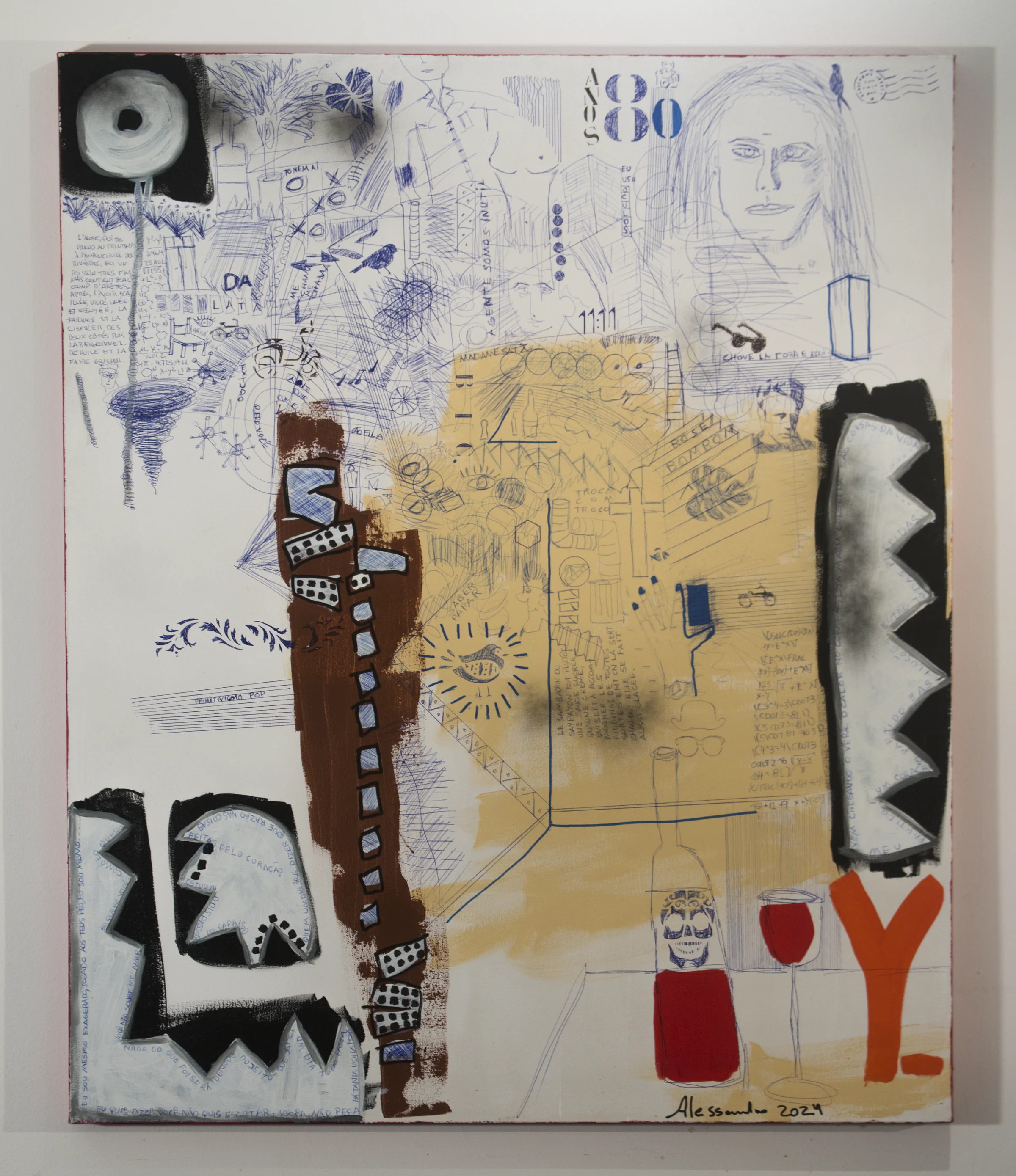 Vertical painting with writing, characters, and signs over a graphic structure of primary colors.