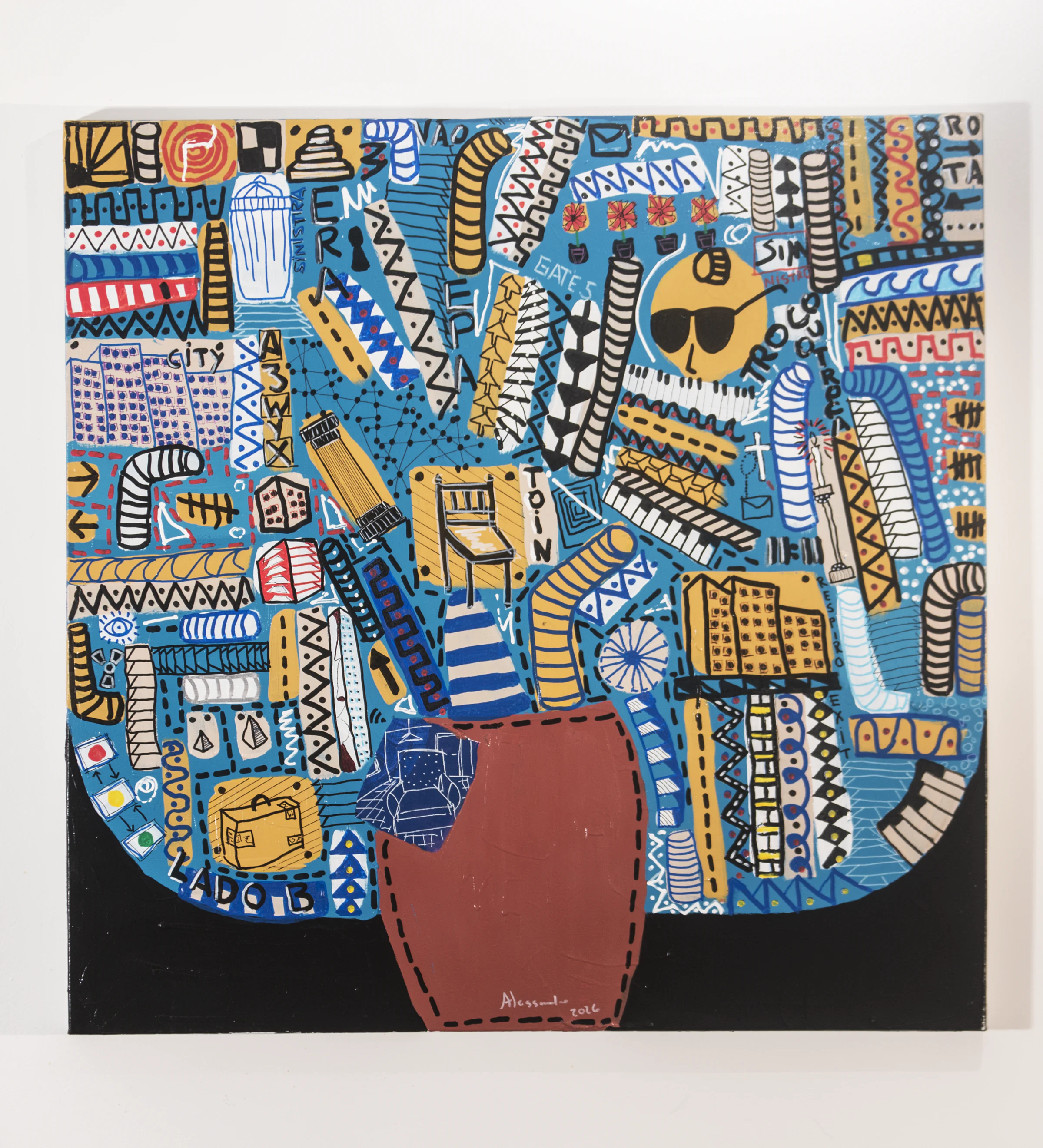 Square painting with a bouquet and blue vase emerging from an urban landscape of signs and color.