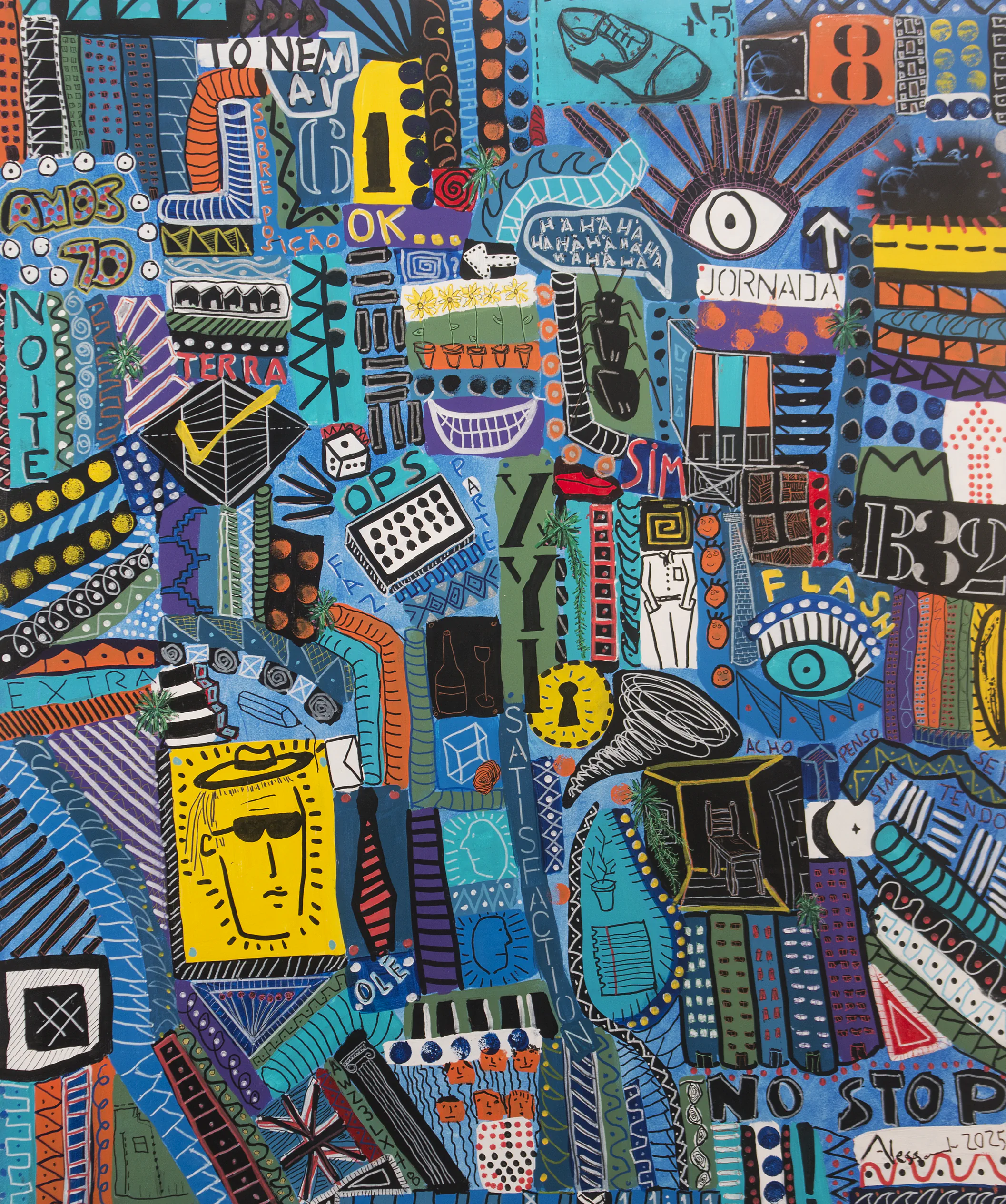 Vertical painting filled with icons, words, and paths suggesting an imagined city in motion.