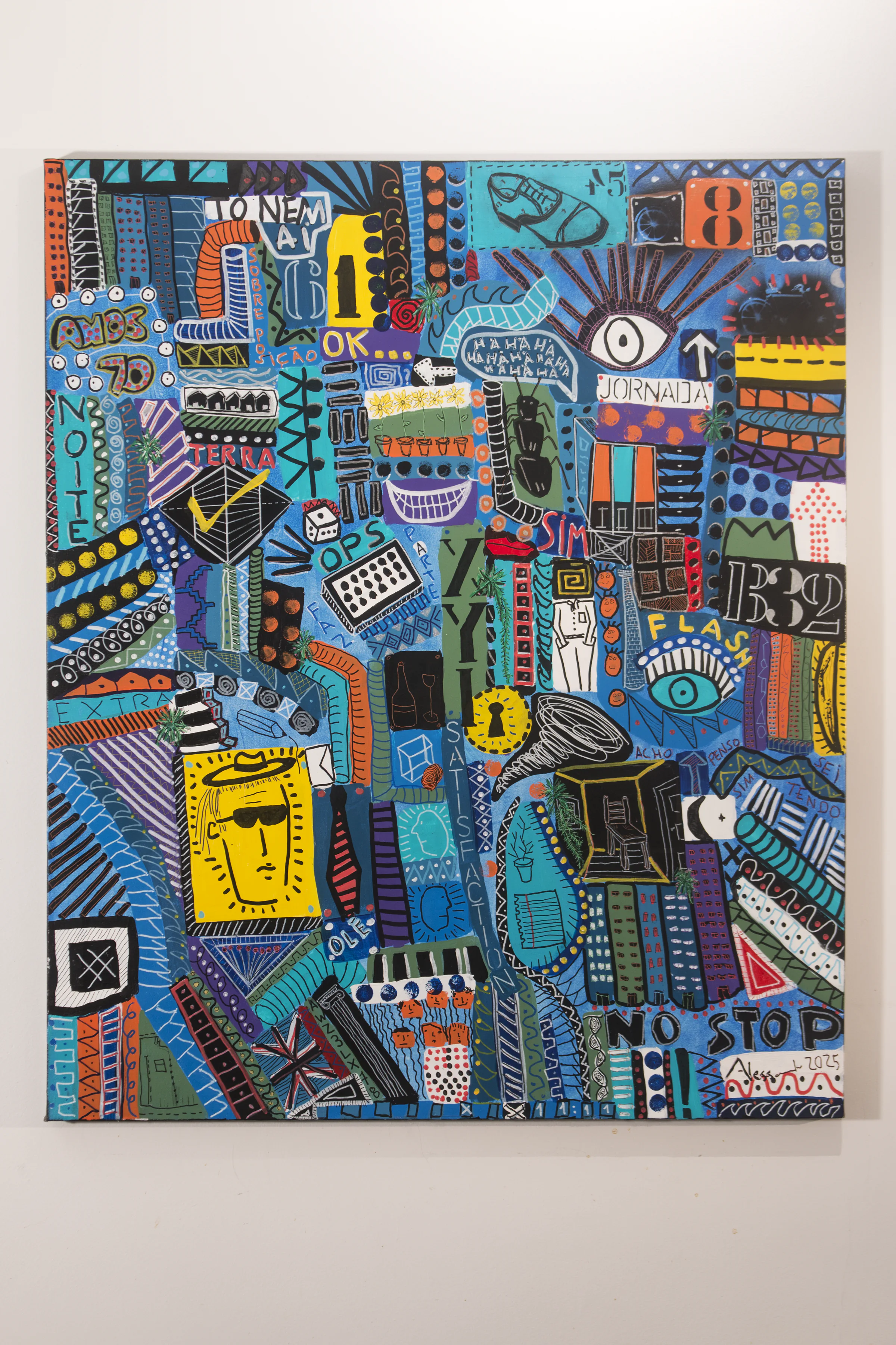 Vertical painting filled with icons, words, and paths suggesting an imagined city in motion.