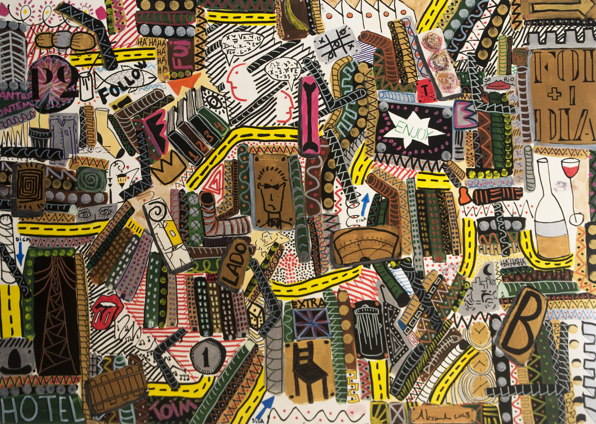 Horizontal painting of musical and urban references built from writing, figures, and vivid color.