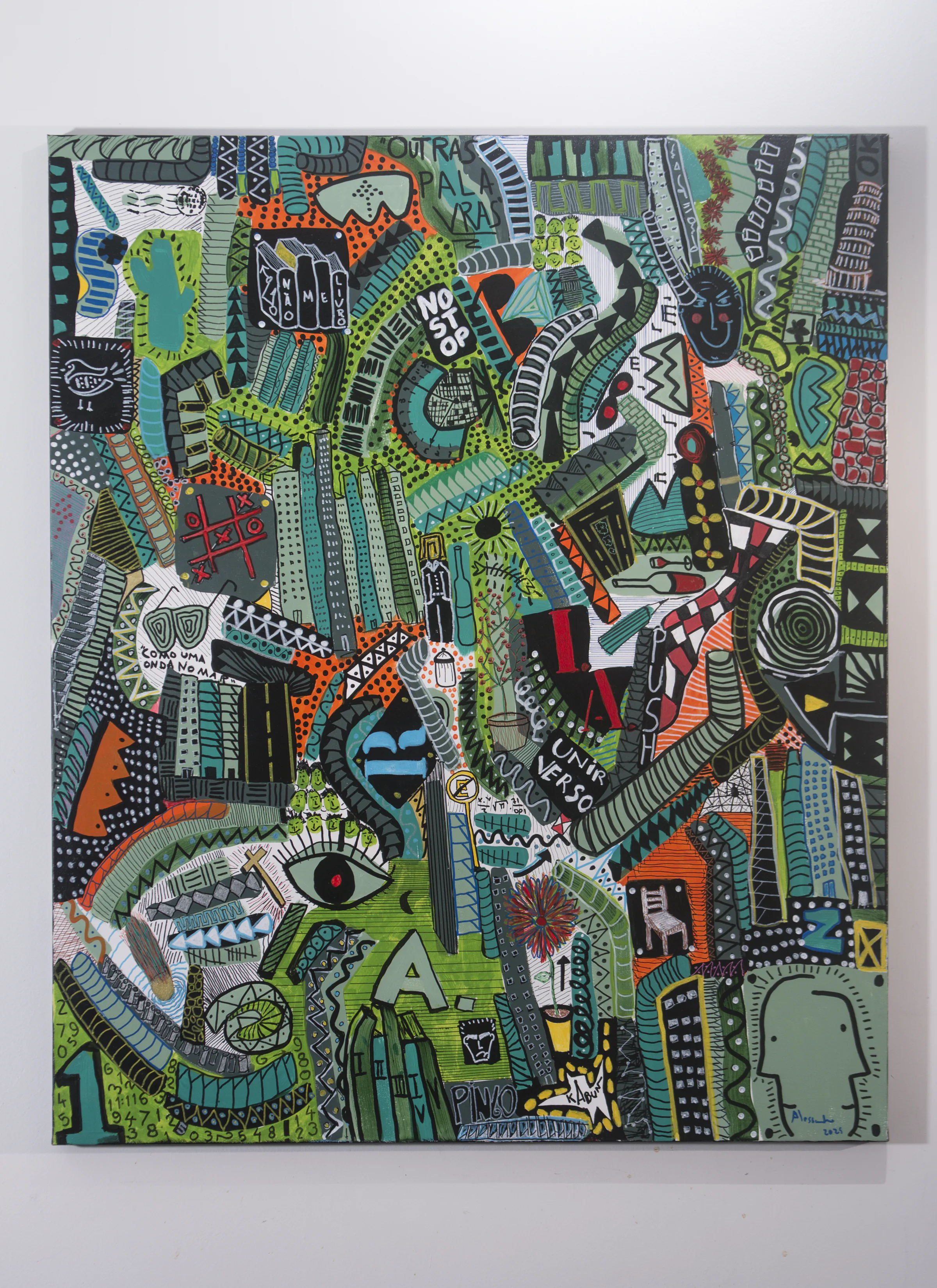 Vertical painting with paths, words, figures, and colors interwoven like an open map.