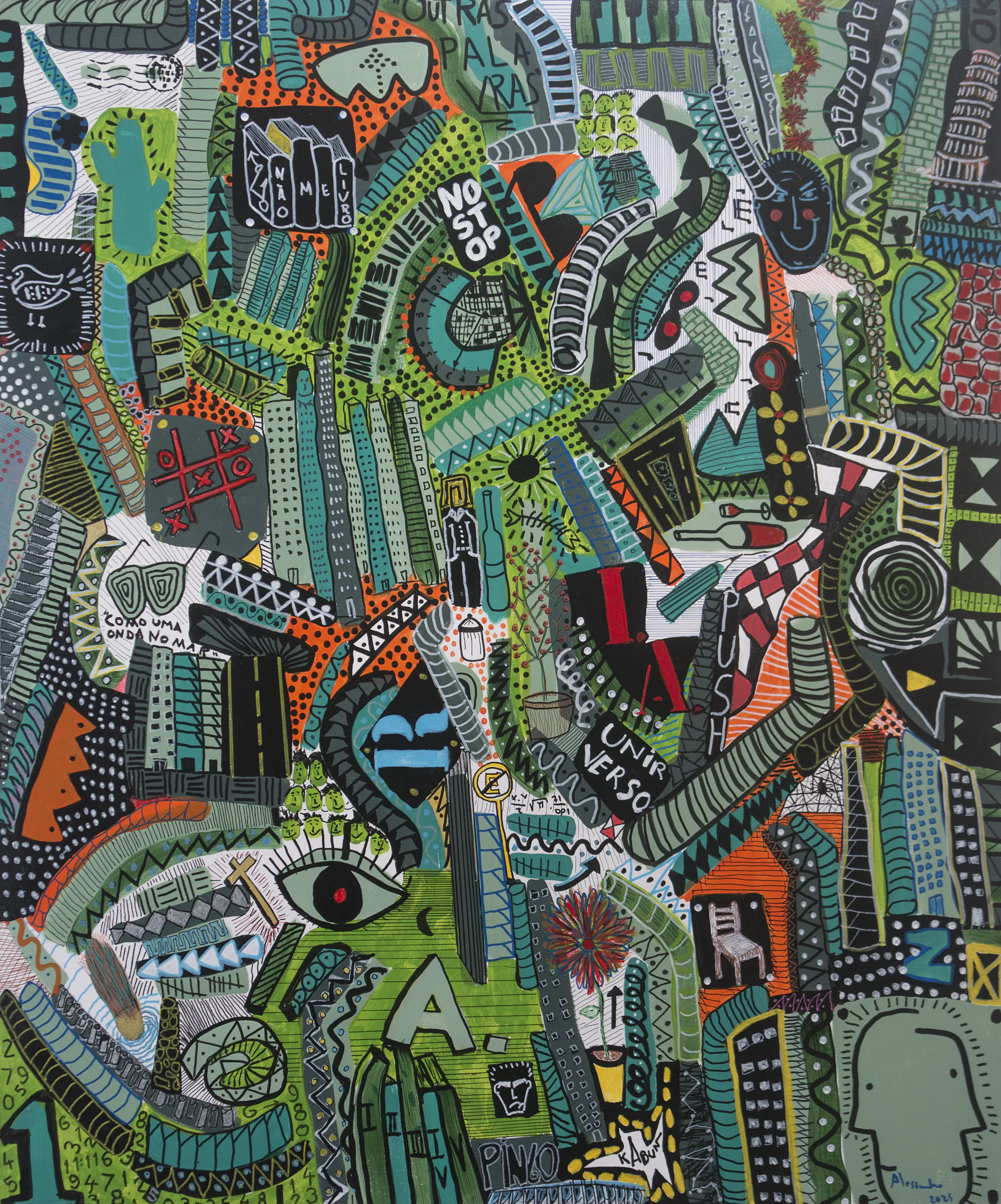 Vertical painting with paths, words, figures, and colors interwoven like an open map.
