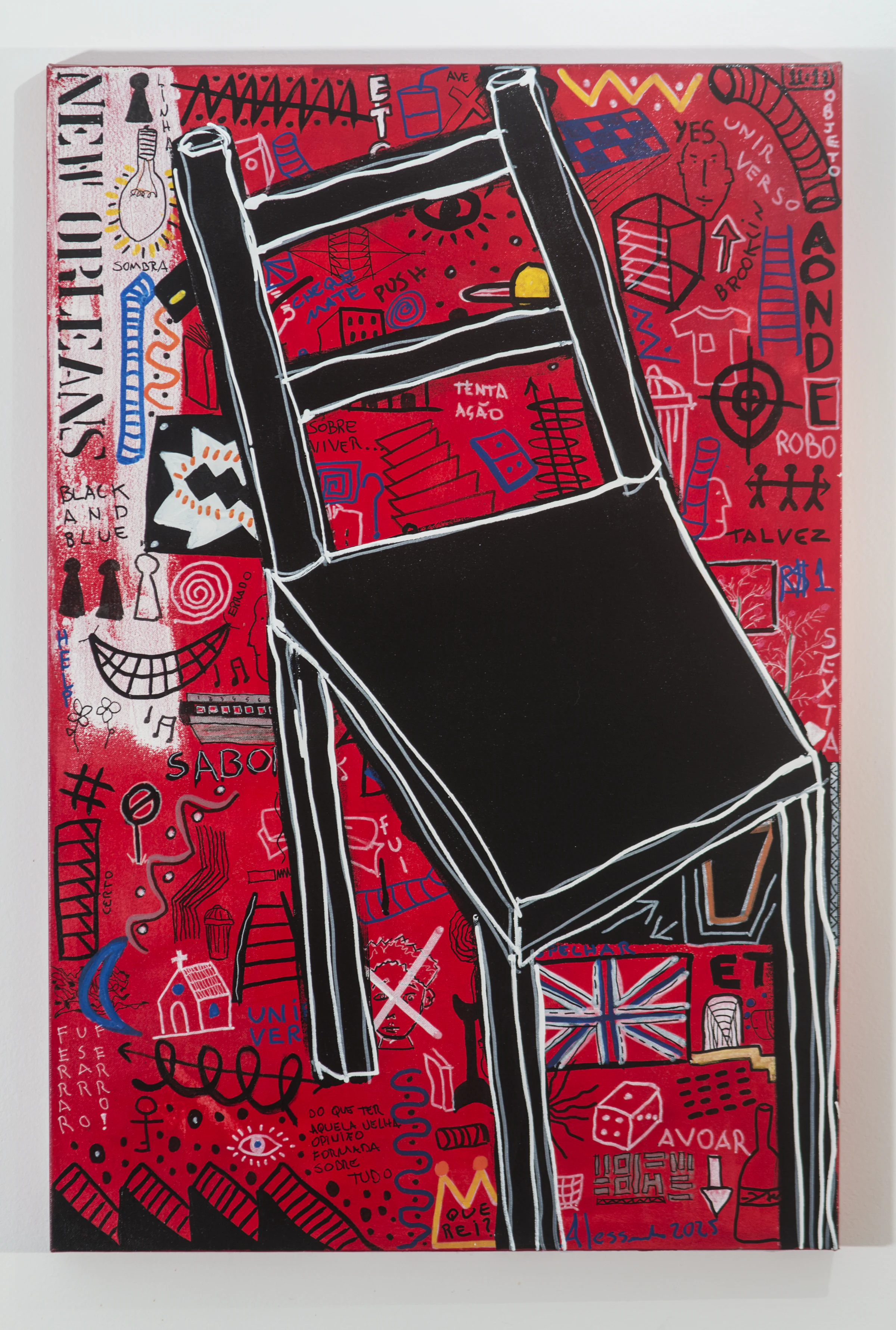 Small vertical painting with shifting figures, writing, and signs in intense layers.