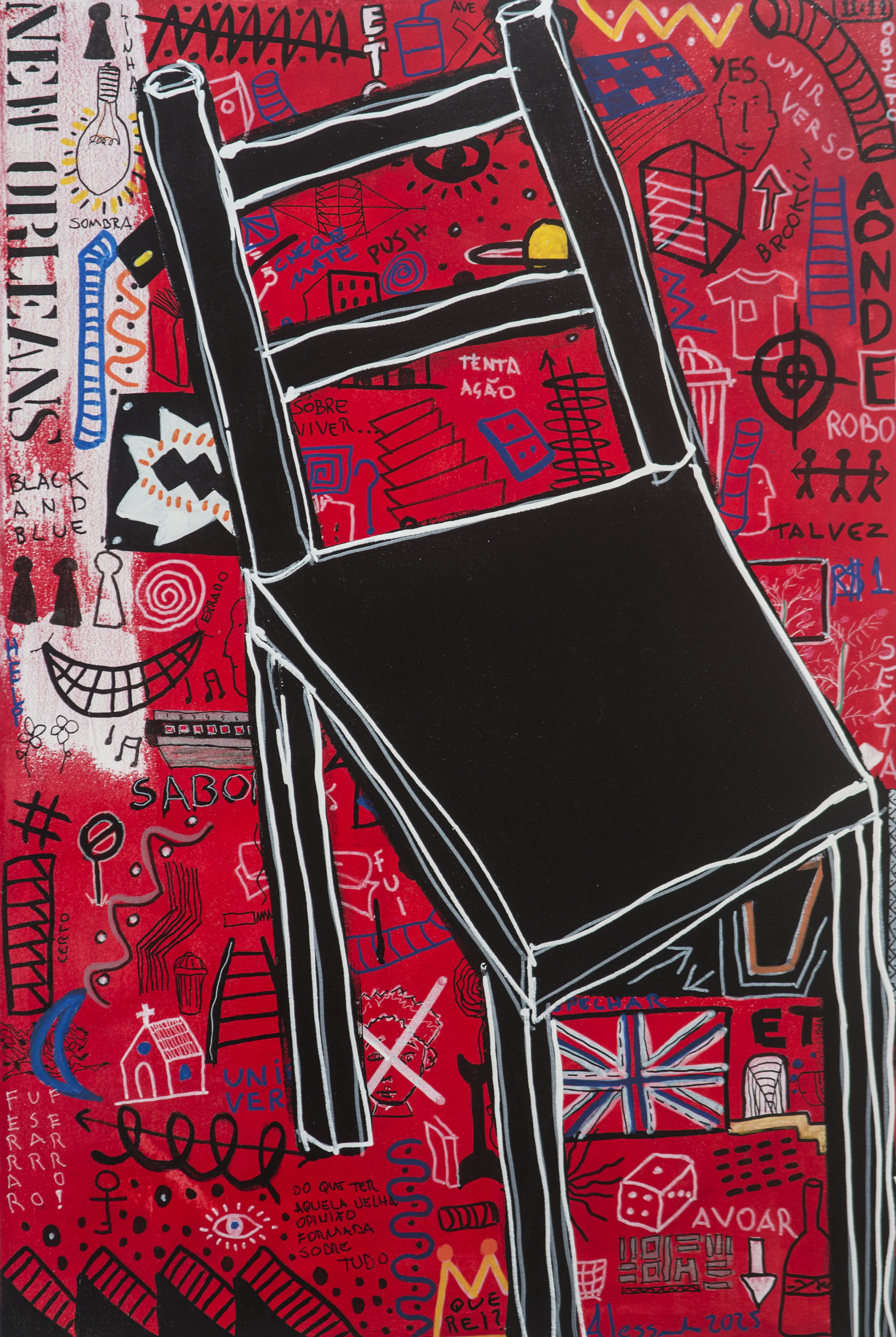 Small vertical painting with shifting figures, writing, and signs in intense layers.
