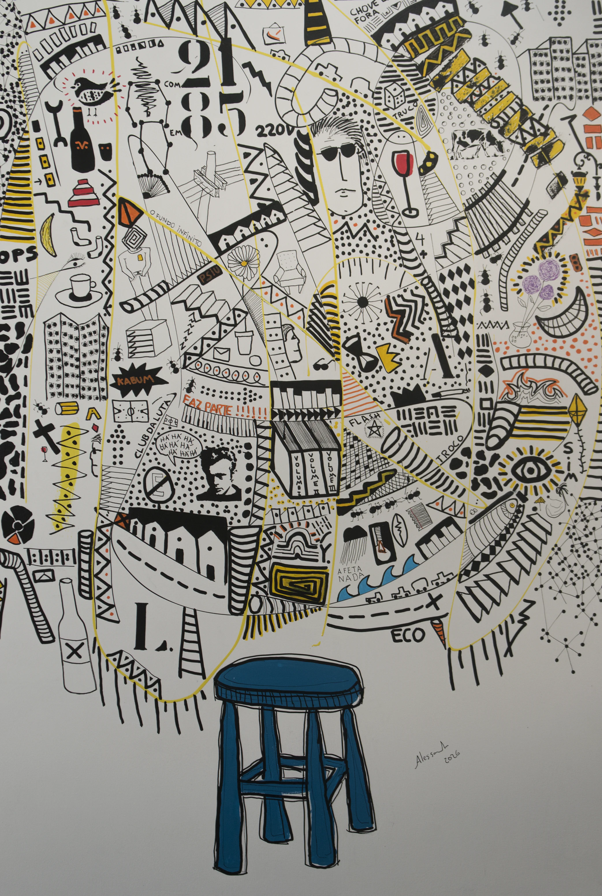 Vertical painting in which a blue stool organizes a vibrant field of lines, marks, and urban signs.