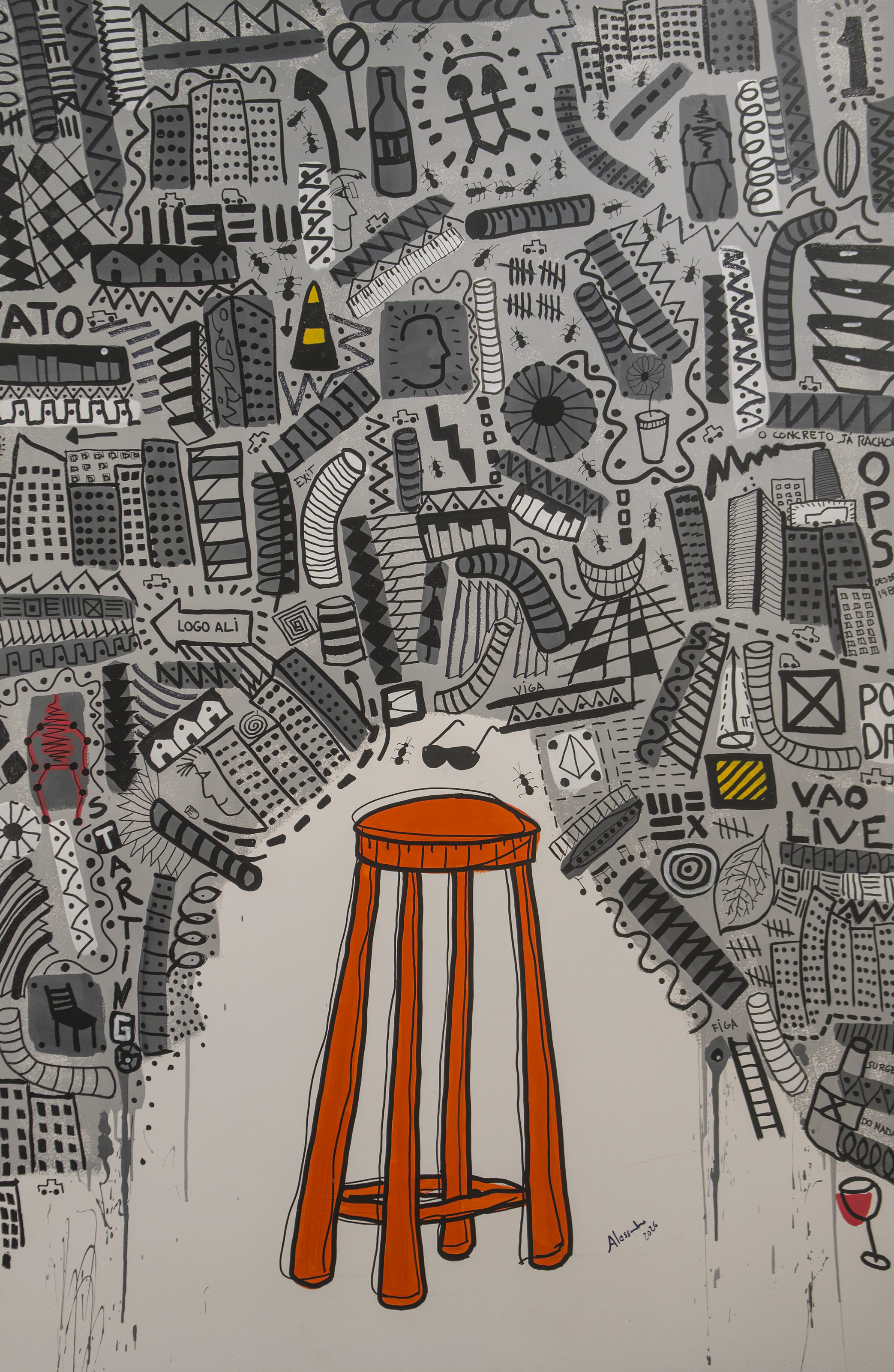 Vertical painting with an orange stool before a layered weave of gestures, words, and forms.