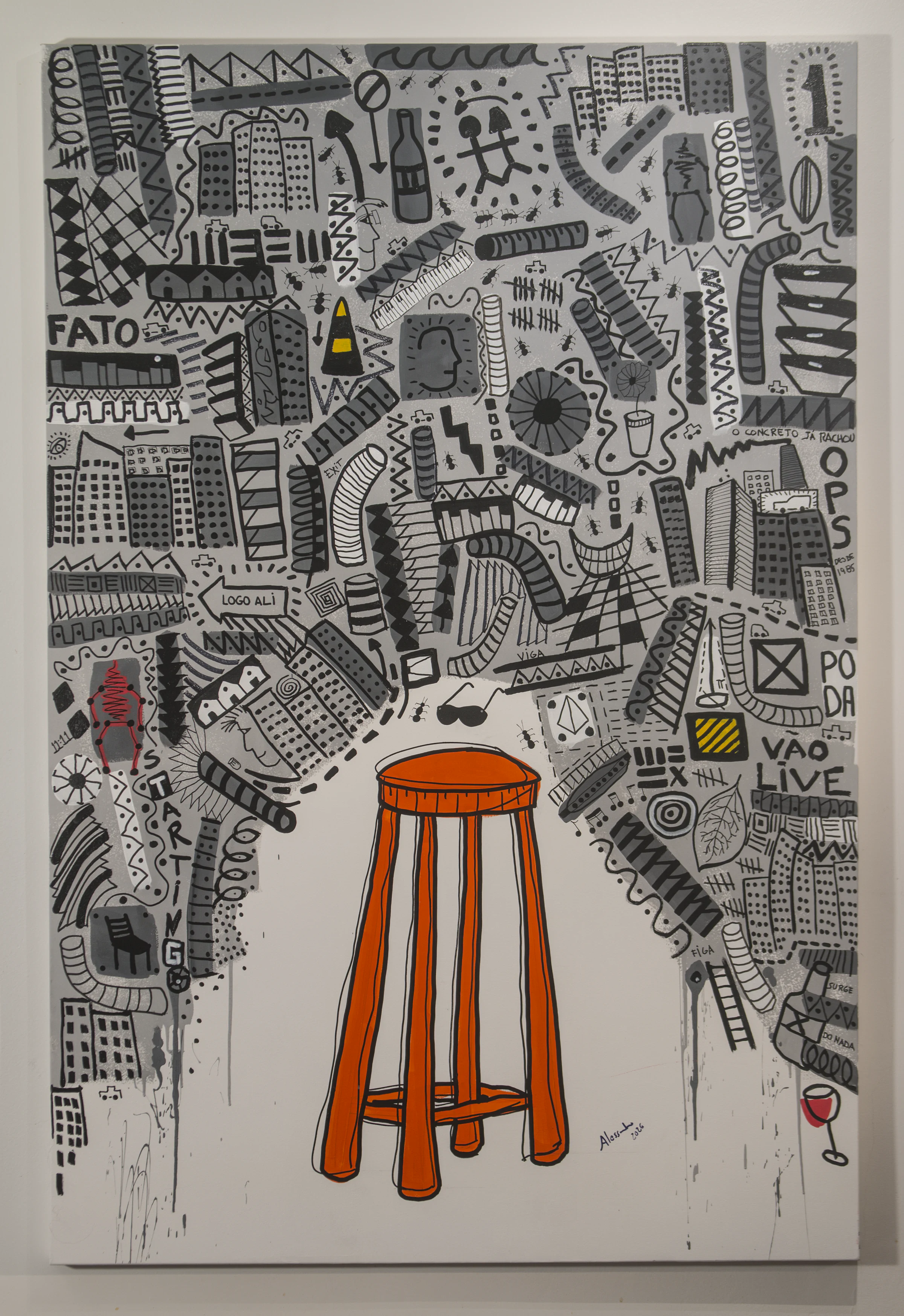 Vertical painting with an orange stool before a layered weave of gestures, words, and forms.