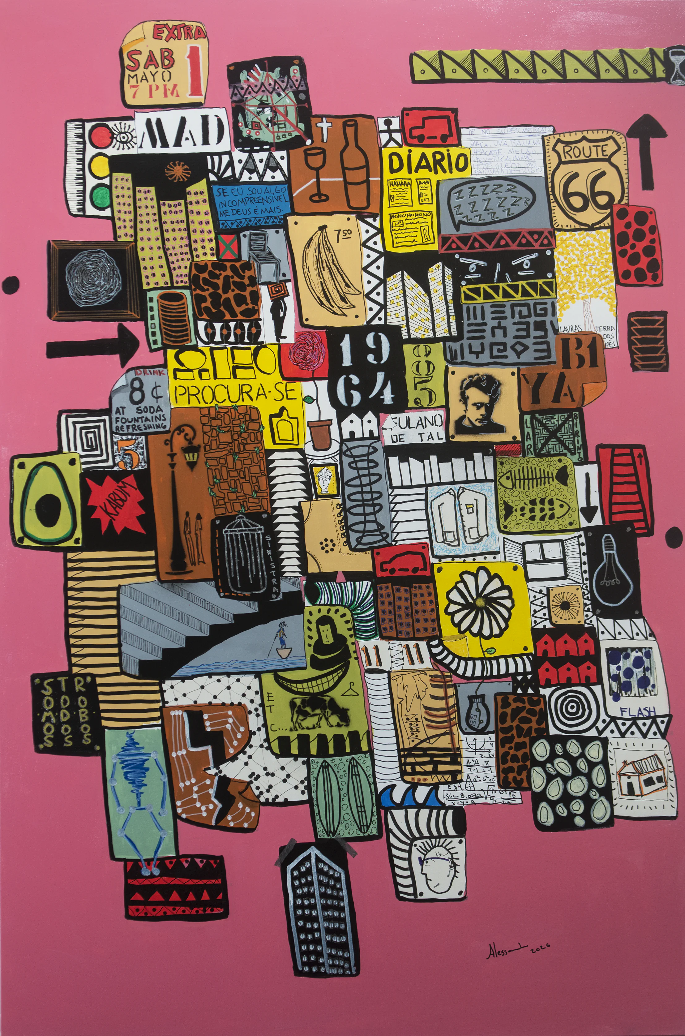 Vertical painting dominated by pink and crossed by signs, lines, words, and small figures.