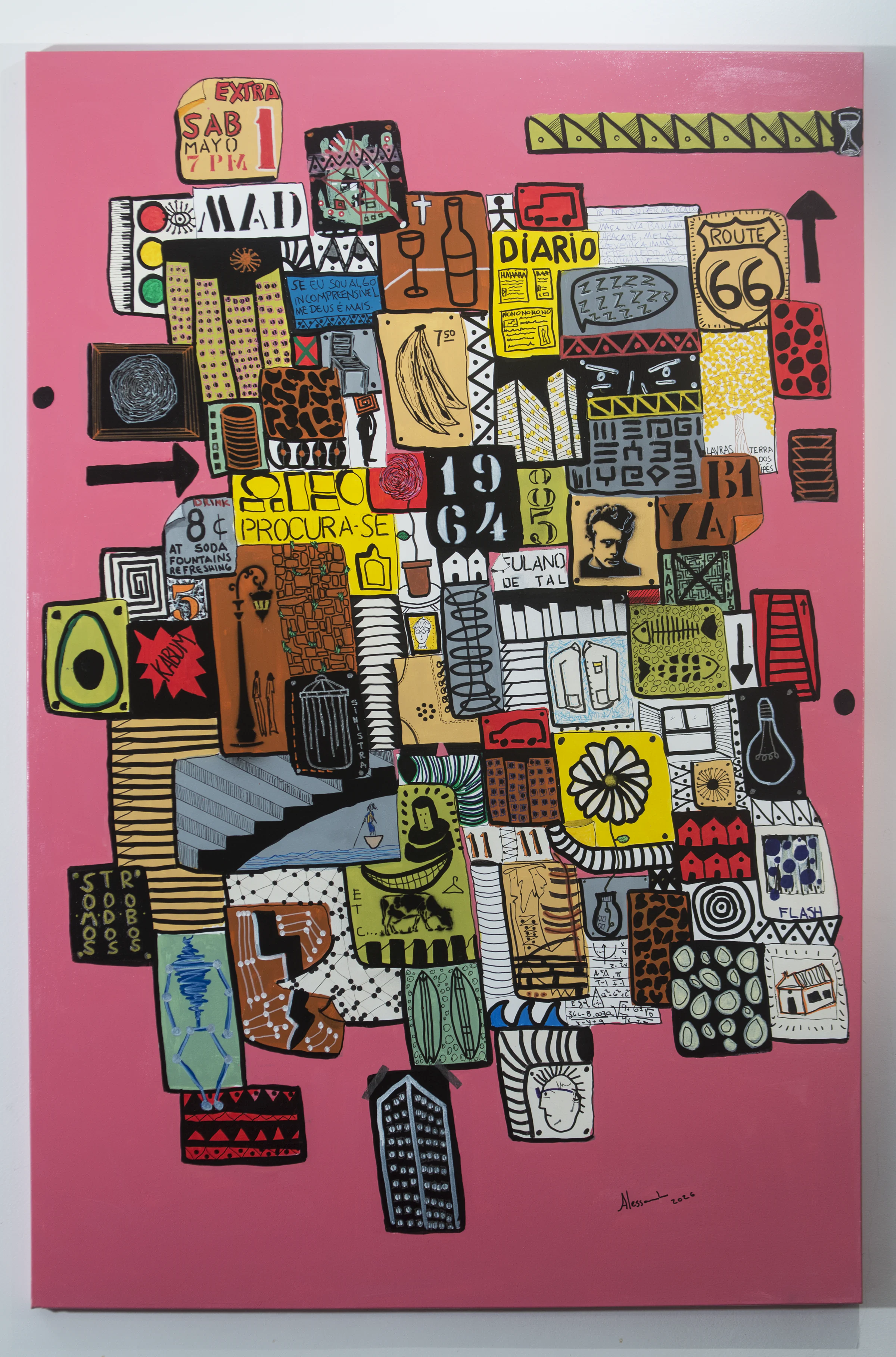 Vertical painting dominated by pink and crossed by signs, lines, words, and small figures.
