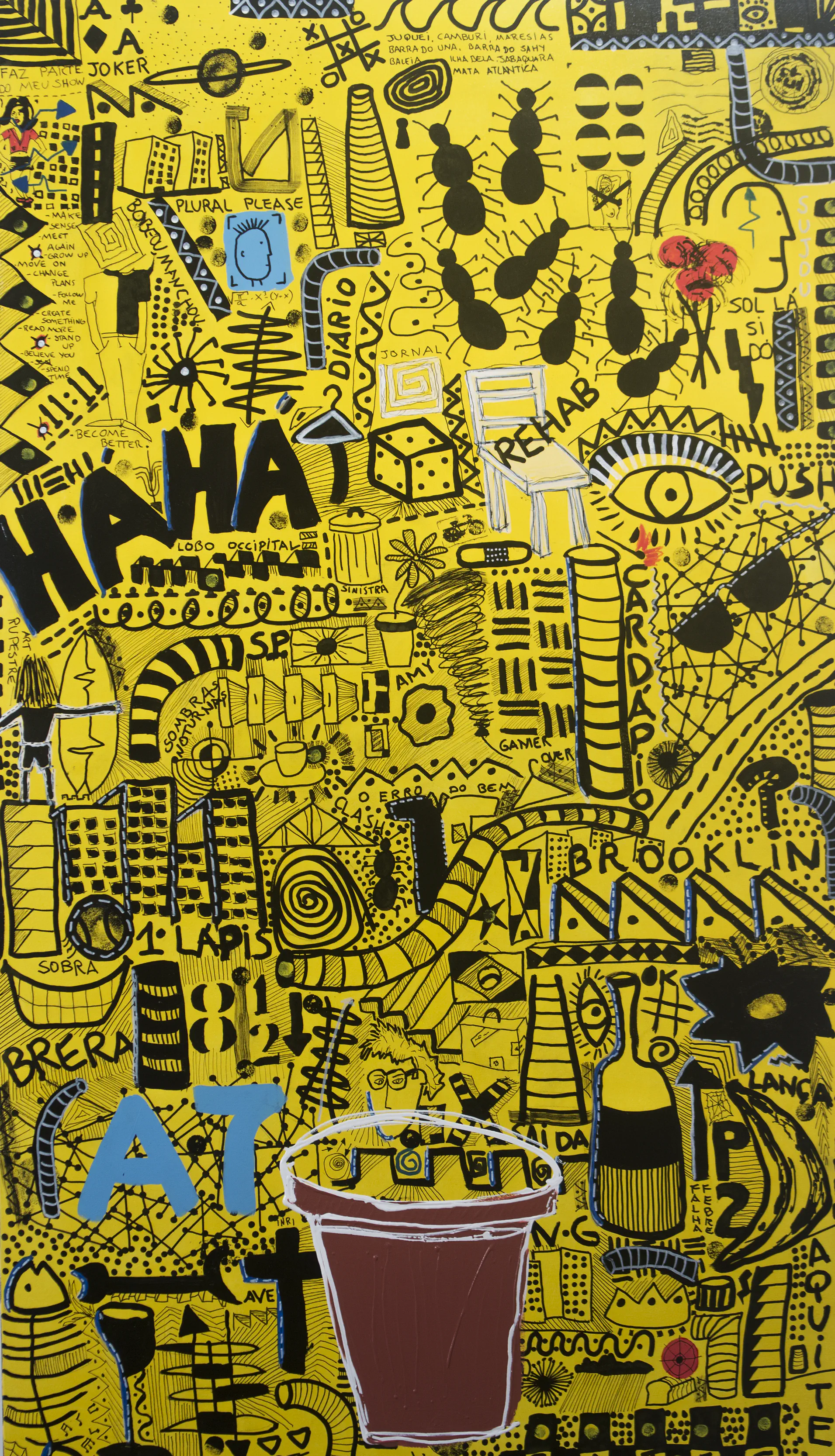 Narrow vertical painting with figures, letters, and overlapping paths in an ascending rhythm.