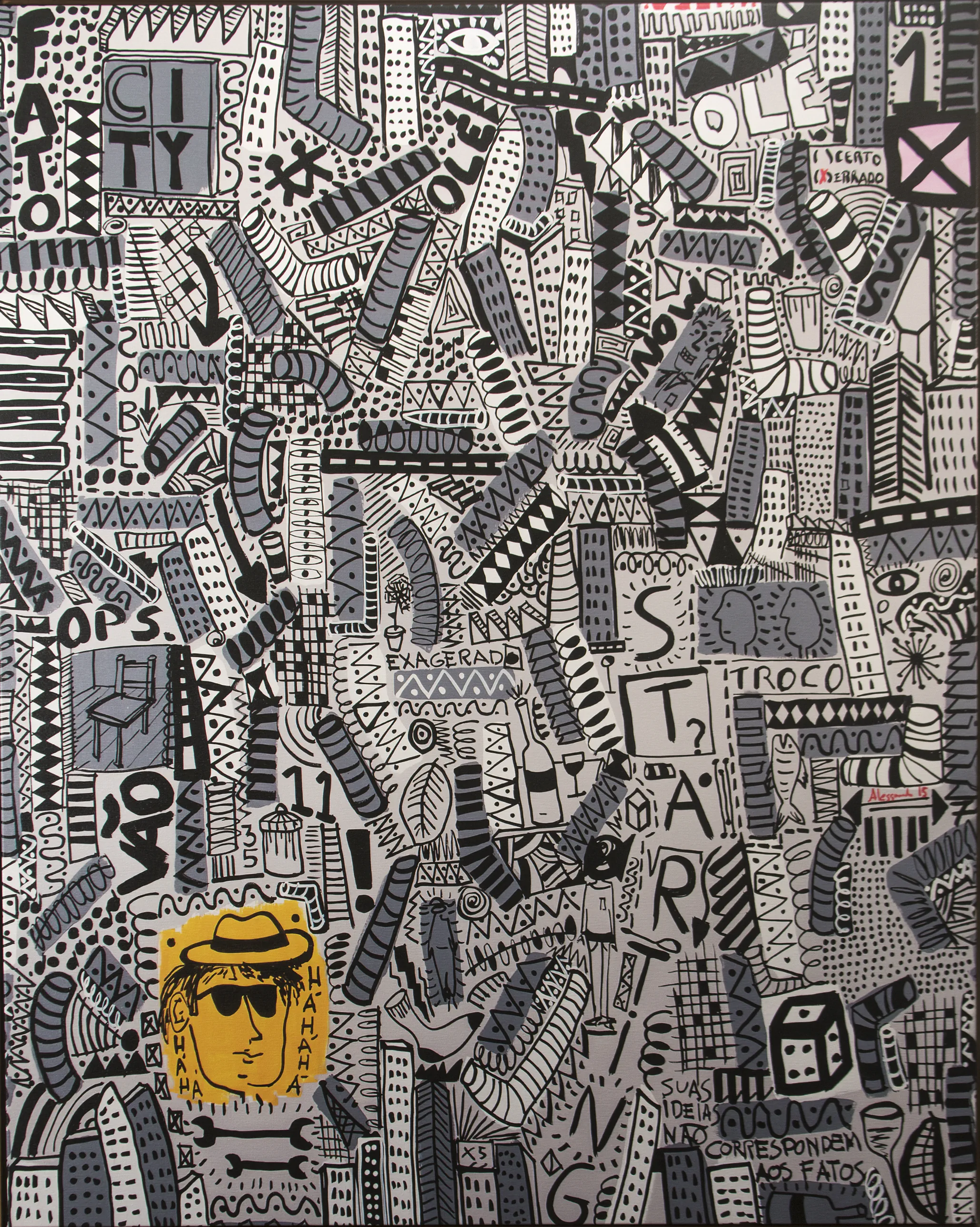 Vertical painting with musical references, writing, and icons distributed in an intense colored mesh.