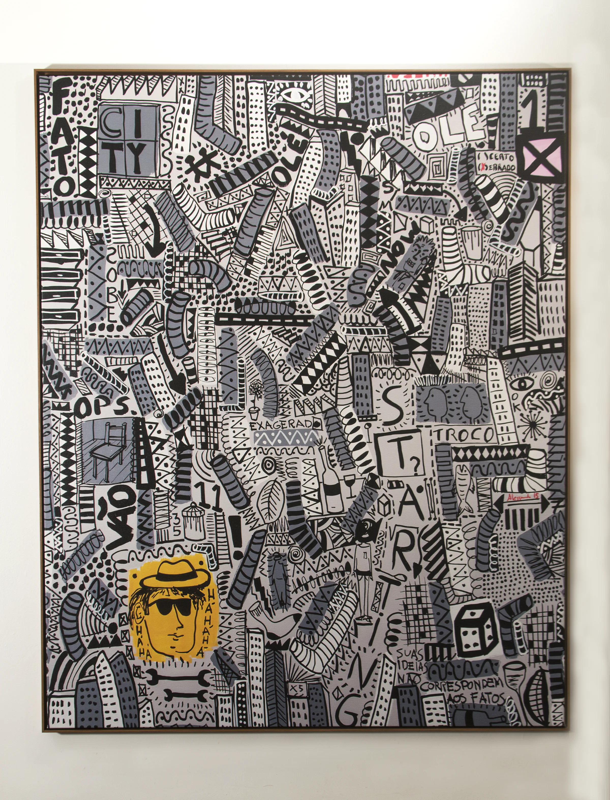 Vertical painting with musical references, writing, and icons distributed in an intense colored mesh.
