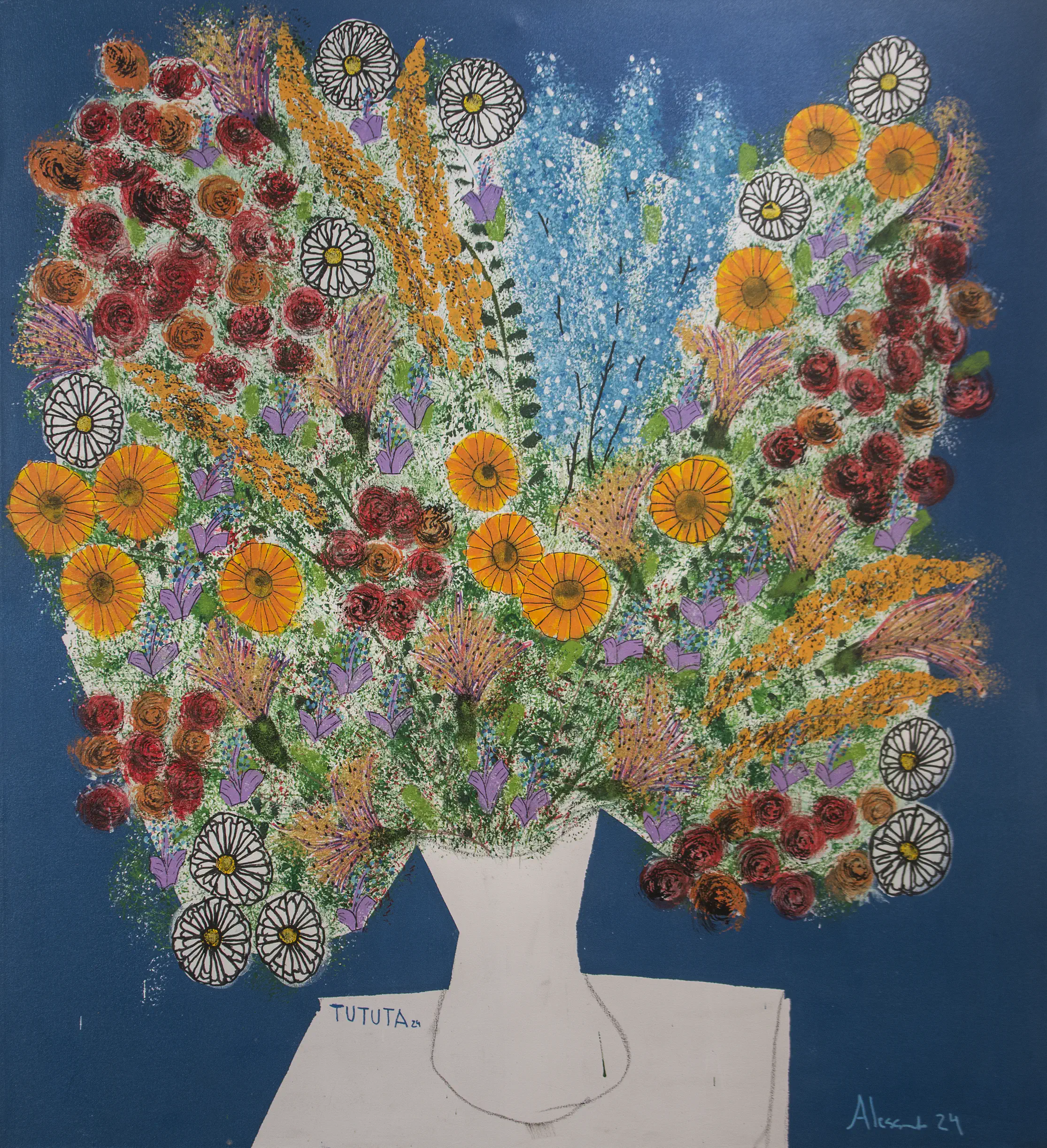 Large painting with flowers, a vessel, and a figure articulated through lines and fields of color.