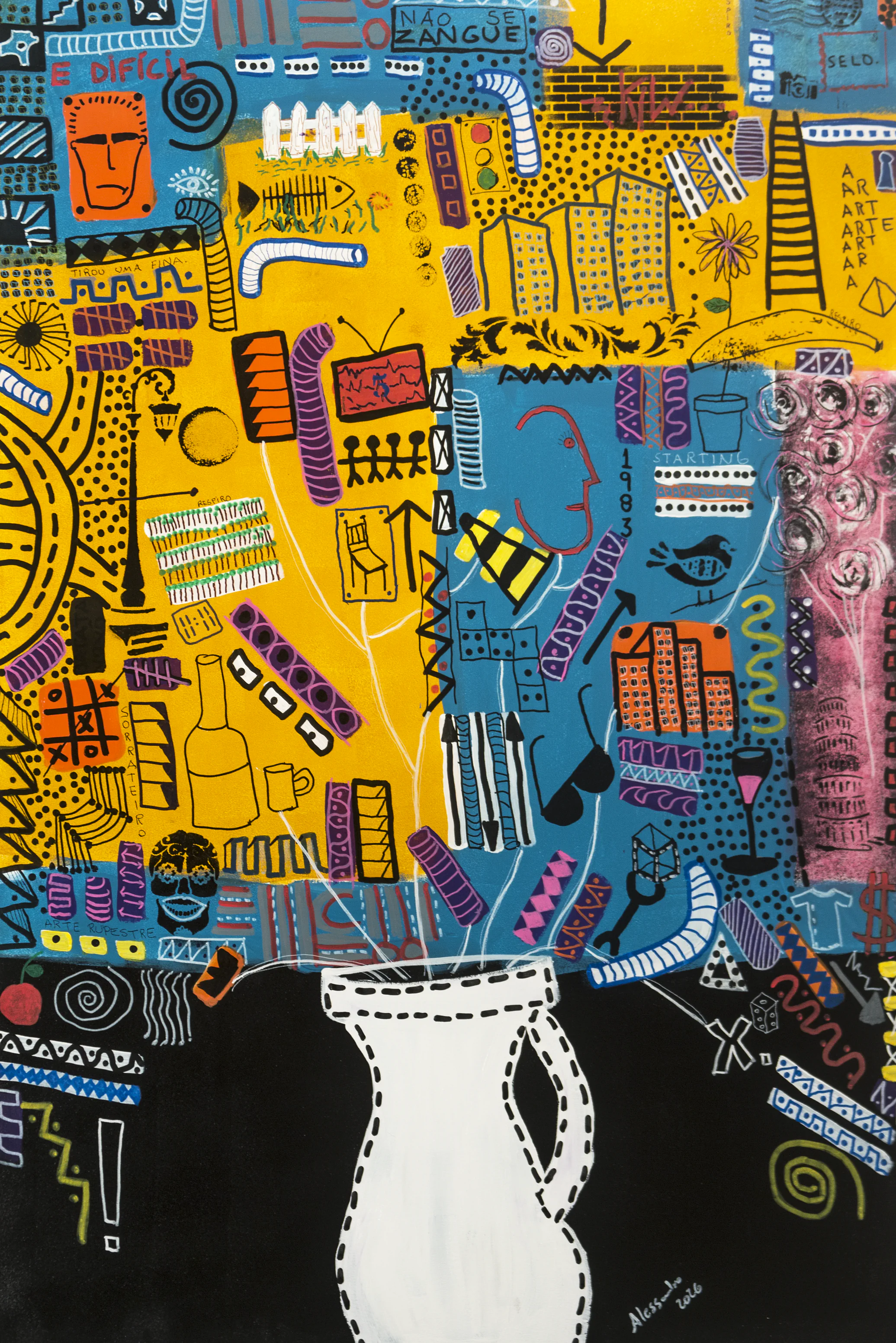 Vertical Vazando painting with a vessel and a flow of symbols, lines, and layered color.
