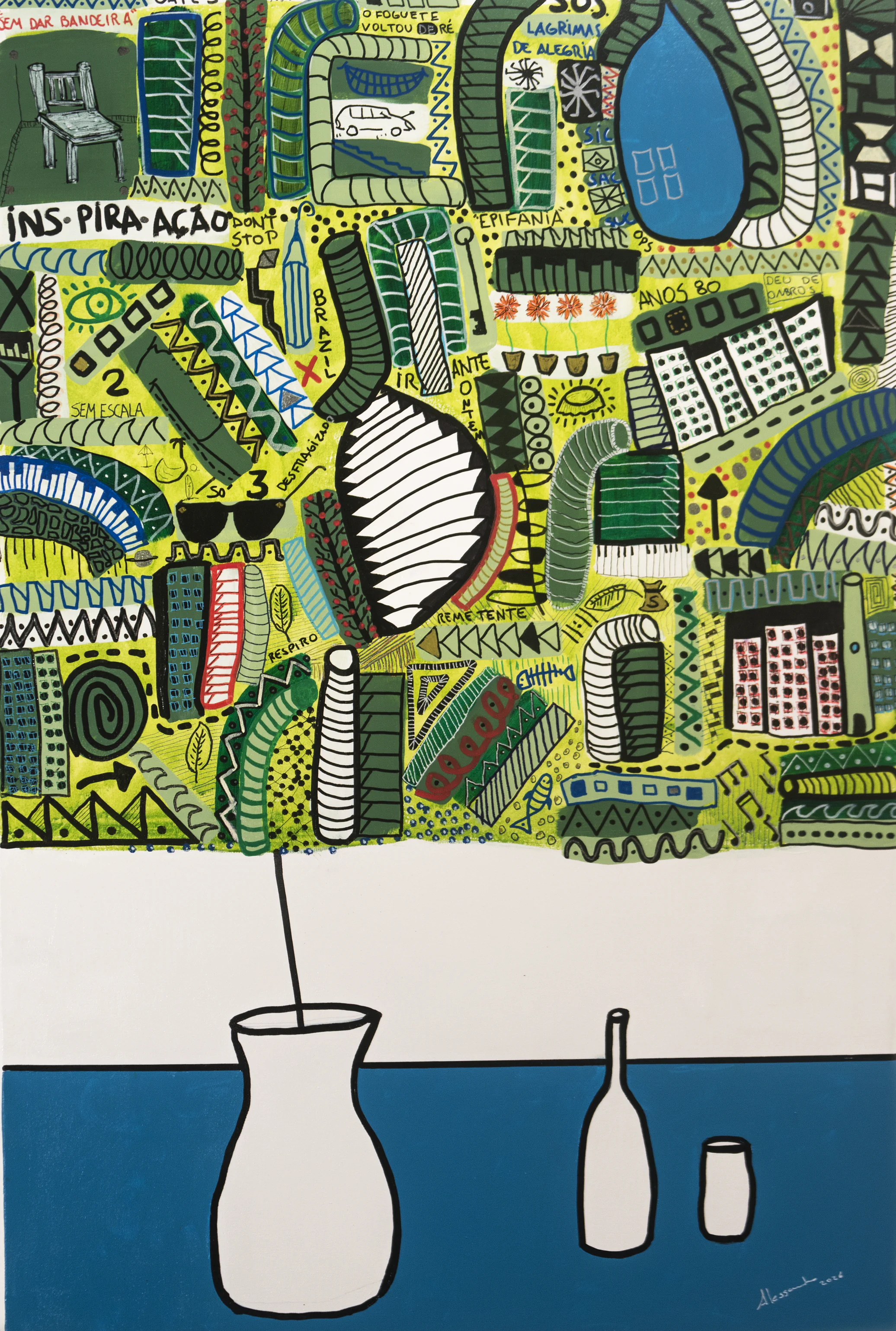 Vertical Vazando painting with a dark vessel anchoring a graphic, multicolored composition.