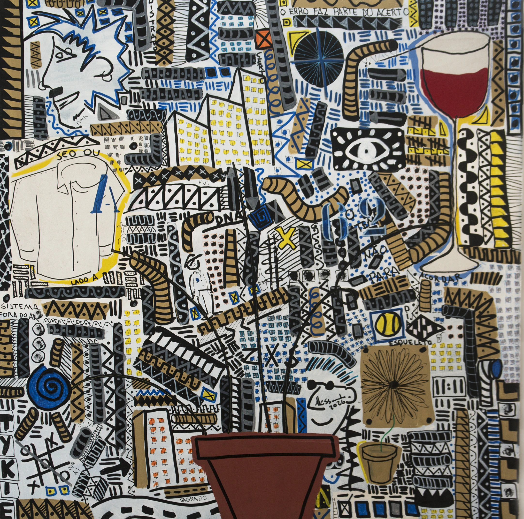 Painting from the Vazando series with a pale vessel beneath a field of lines and chromatic fragments.