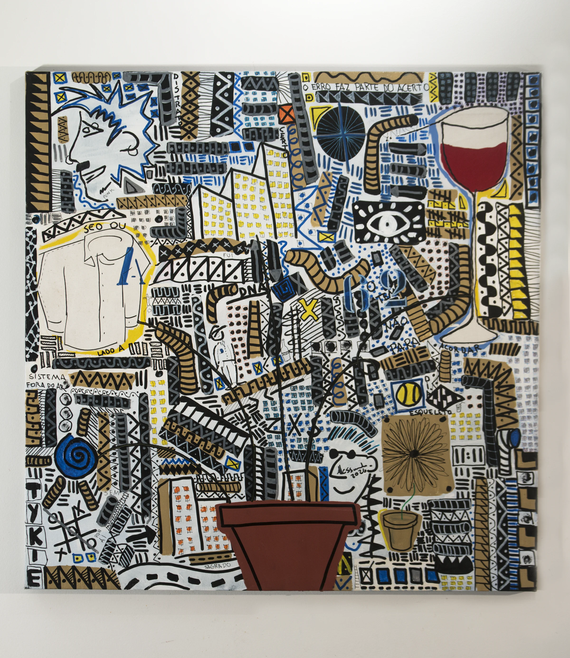 Painting from the Vazando series with a pale vessel beneath a field of lines and chromatic fragments.