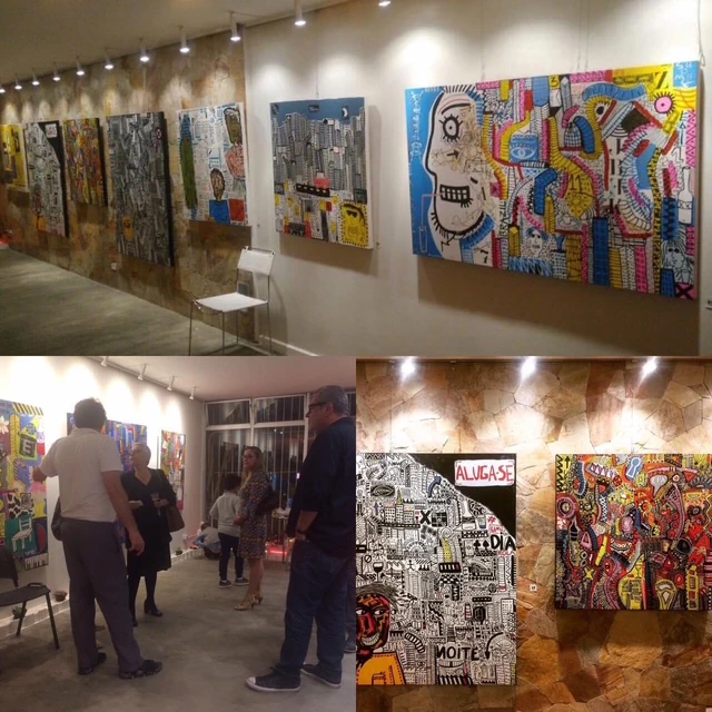 Two views of a group exhibition booth showing Alessandro's paintings.